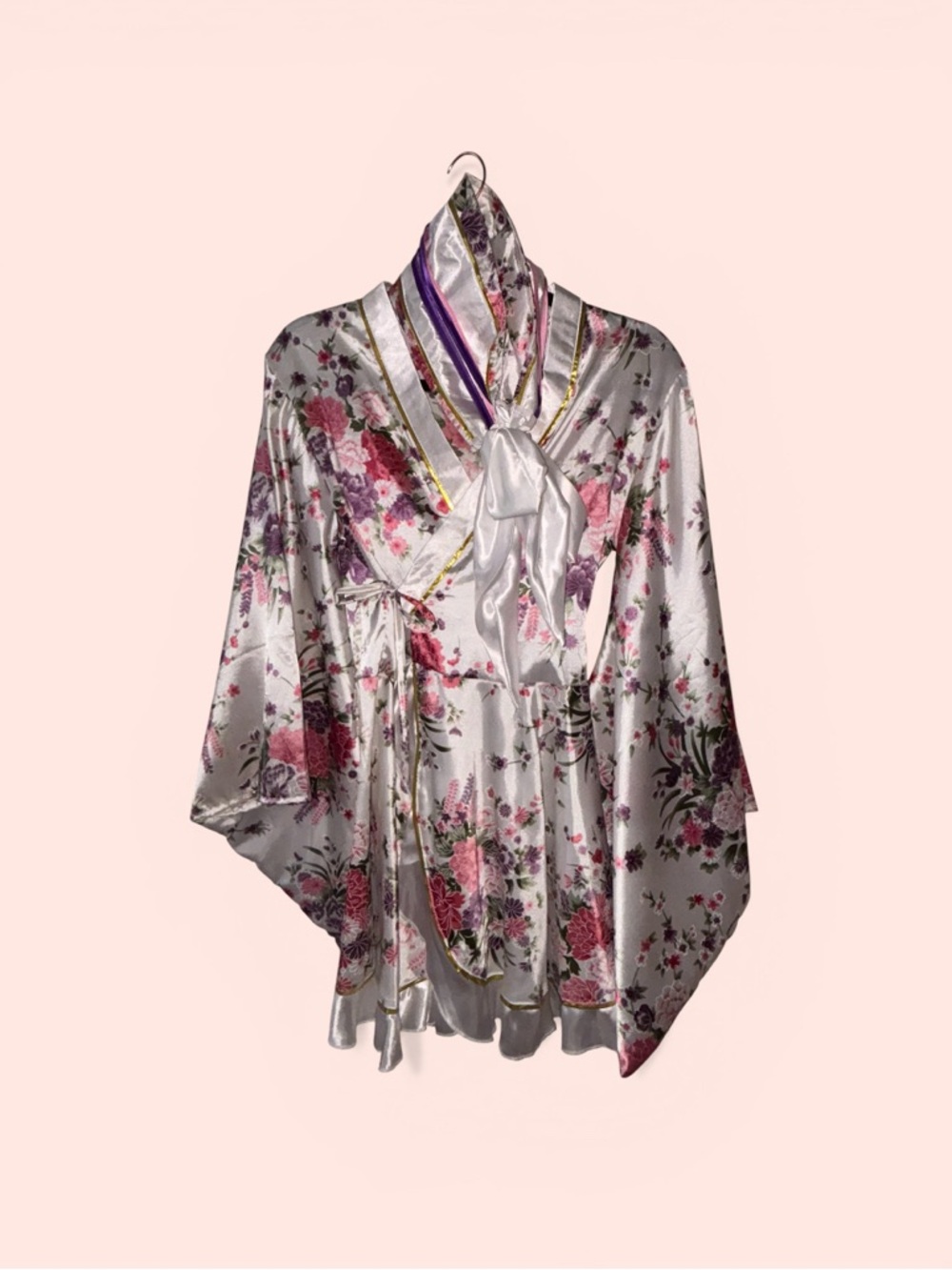 Floral Satin Kimono Robe in Cream and Pink